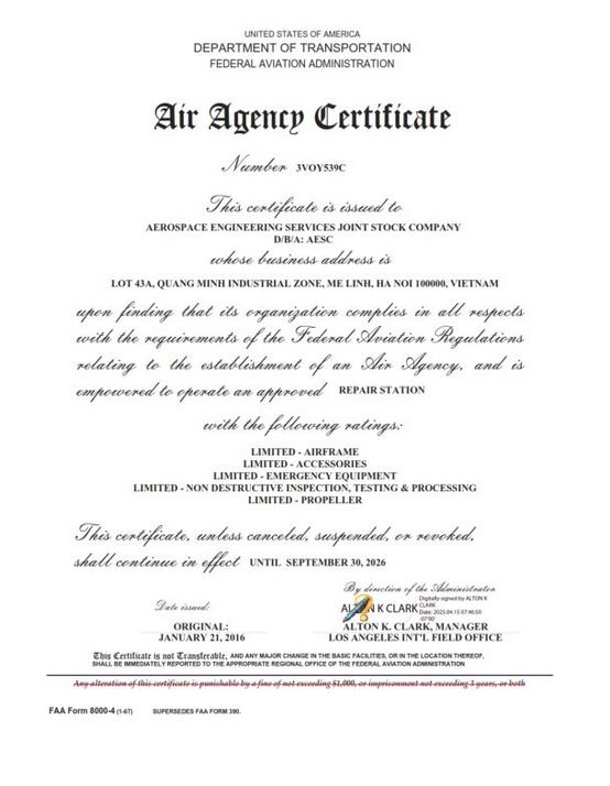 FAA Air Agency Certificate 3VOY539C Renewal